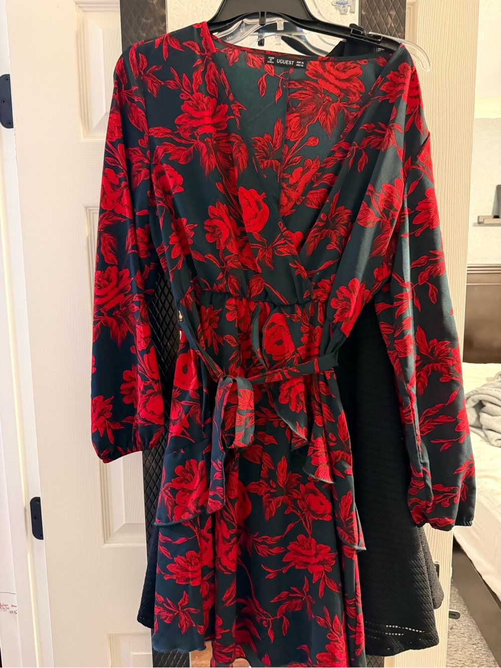 Lush Black Dress with Red Floral Wrap and Self-Tie Waist